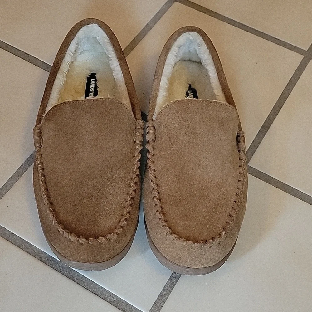 Lands' End Men's Suede Leather Moccasin Slippers faux fur lining